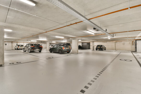 Spacious underground parking garage interior