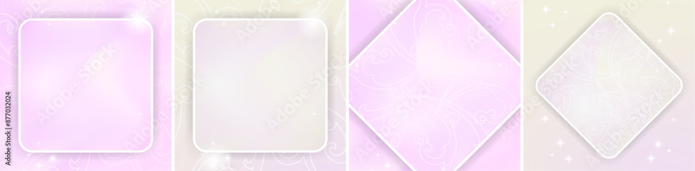 Poster set of pastel liquid backdrops with soft geometric mirror frame in center with space for copy and te