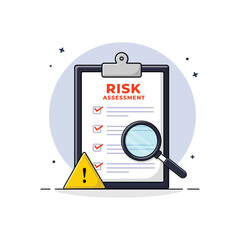 Clipboard with Magnifying Glass and Warning Sign Vector Illustration. Risk Assessment Concept Design