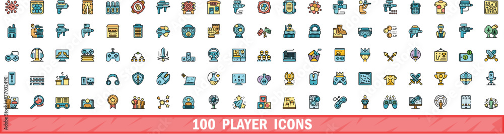 Poster 100 player icons set. color line set of player vector icons thin line color flat on white
