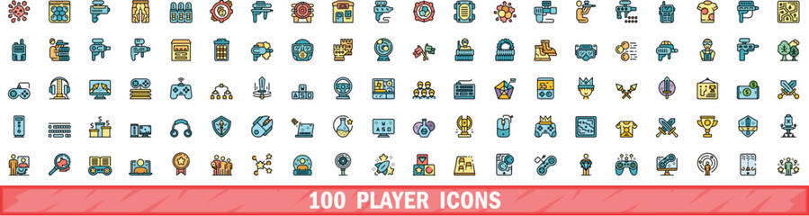 100 player icons set. Color line set of player vector icons thin line color flat on white