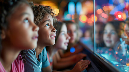 Children observing fish in tank