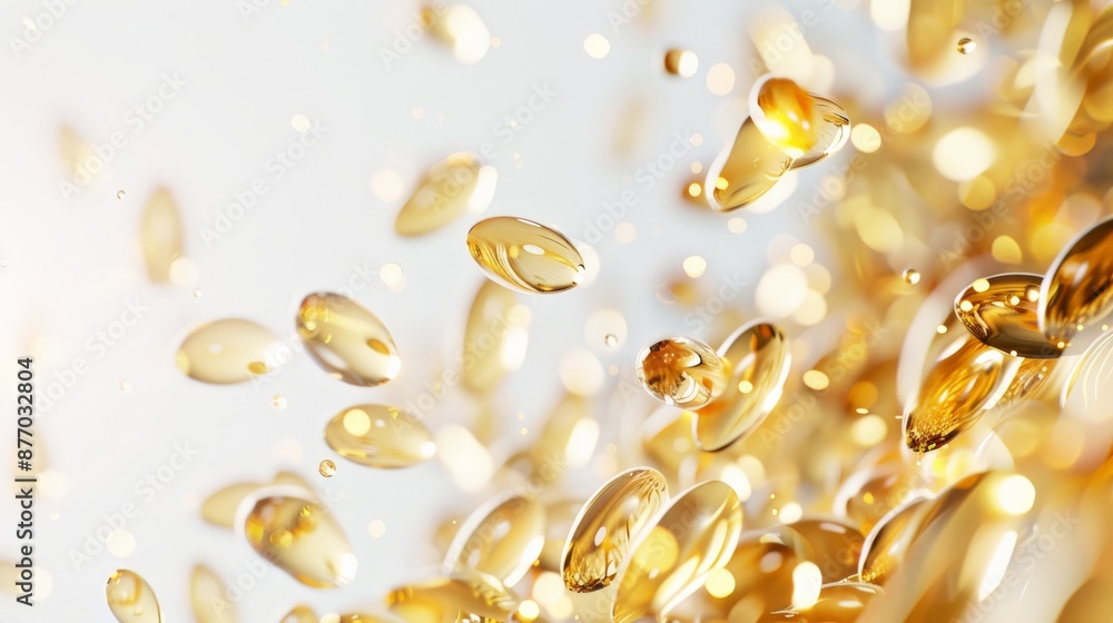 Poster bright image of golden capsules floating with light bokeh effect. concept of dietary supplements, we