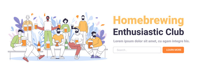 Group of diverse people enjoying beer together holding mugs bottles and glasses surrounded by abstract foliage and decorative elements