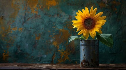 Fluffy yellow sunflower in a little milk can