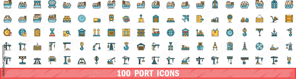 Poster 100 port icons set. color line set of port vector icons thin line color flat on white