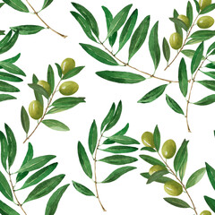 Seamless pattern with olive tree elements. Hand drawn watercolor illustration on white background for print, wrapper, textile, fabric, packaging