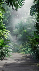 Naklejka premium Tropical jungle with green leaves and wooden floor