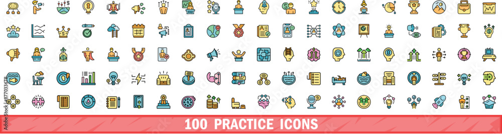 Poster 100 practice icons set. color line set of practice vector icons thin line color flat on white