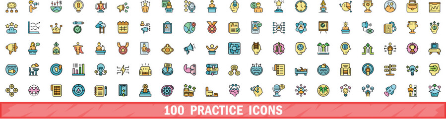 100 practice icons set. Color line set of practice vector icons thin line color flat on white