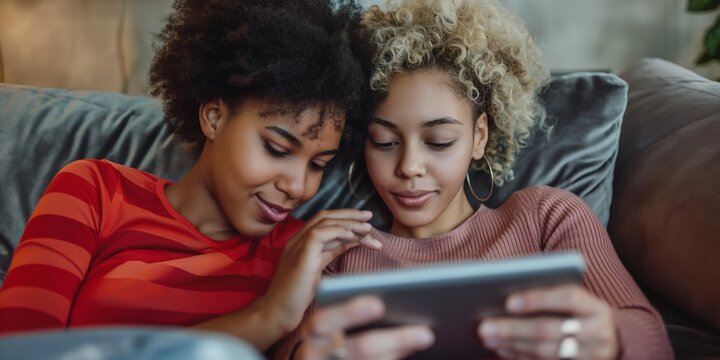 Relaxing friends smile while watching a tablet together on a sofa, enjoying technology at home. - Powered by Adobe