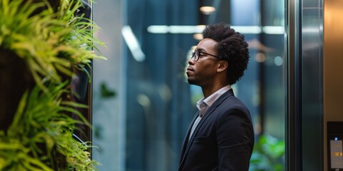 A professional black businessman confidently uses an elevator in a modern office building, looking successful.
