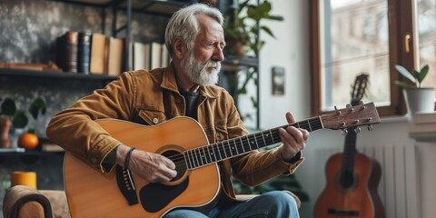 Obraz premium A grandfather plays the acoustic guitar at home, creating a cozy and happy atmosphere.