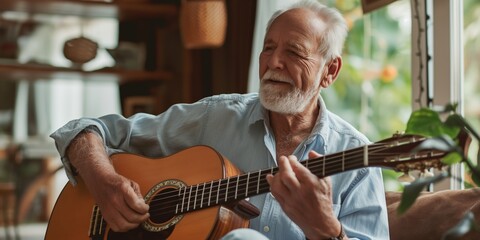 Obraz premium A grandfather plays guitar at home, enjoying his hobby and creating a fun atmosphere.