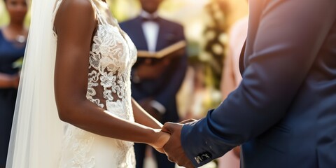 Romantic wedding ceremony with African couple, bride in lace dress holding groom's hands.