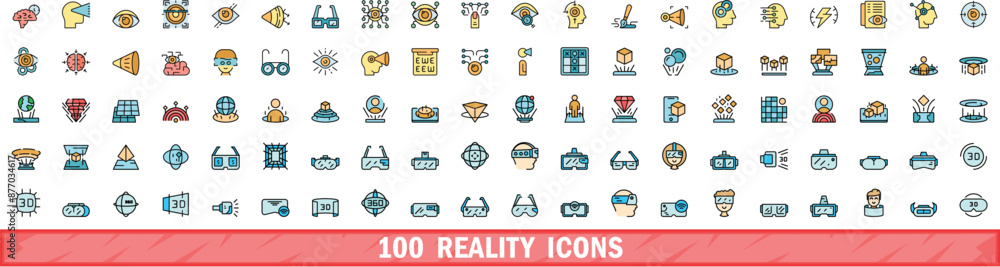 Poster 100 reality icons set. color line set of reality vector icons thin line color flat on white