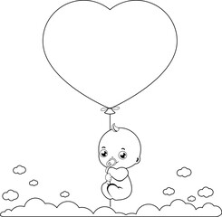 A cute newborn baby in the sky holding a heart shaped balloon. Baby shower party with balloon in the sky. Vector black and white coloring page