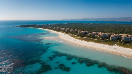 Fototapeta premium A beautiful beach on a sunny day with crystal clear blue sea and a cloudless sky 