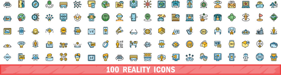 Obraz premium 100 reality icons set. Color line set of reality vector icons thin line color flat on white