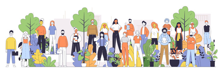 Fototapeta premium Diverse group of people standing together outdoors surrounded by plants and trees modern flat design style community teamwork social unity