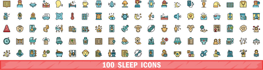100 sleep icons set. Color line set of sleep vector icons thin line color flat on white