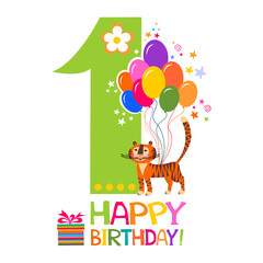 Happy First Birthday. Celebration white background with number one, balloon, gift boxes and place for your text.  Greeting, invitation card or flyer. Vector Illustration