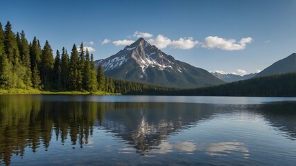 A scenic view of a mountain and a lake reflecting the mountain's image
