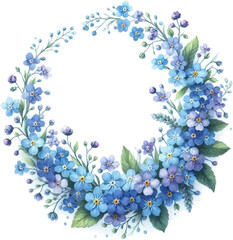 A round floral wreath with forget-me-not flowers in watercolor technique on a white background.