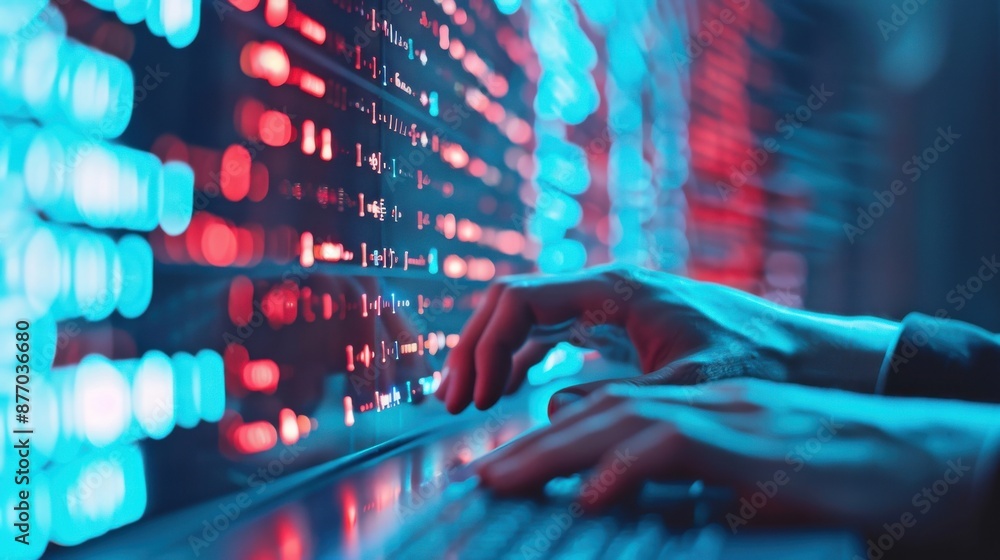 Poster hacker typing code with digital alerts flashing, cyber attacks, security software