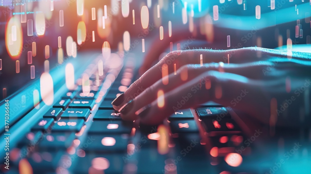 Poster hands typing on a keyboard with digital encryption symbols, encryption, secure data storage