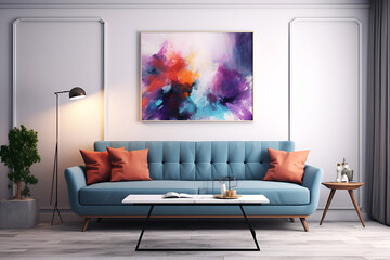 Luxury living room interior with white walls wooden floor comfortable sofa with pillows and table Mockup poster frame 
