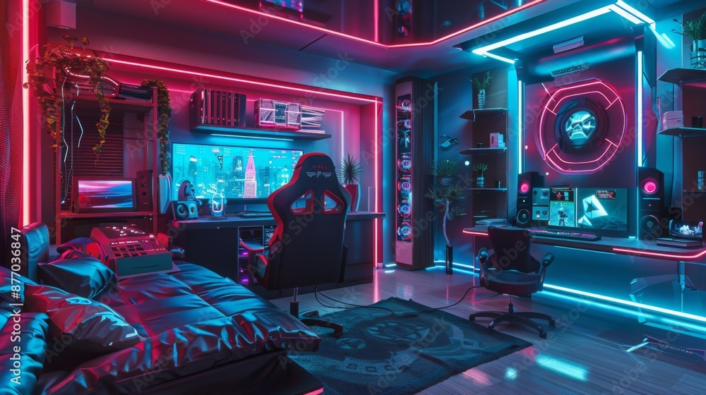 Poster a modern gaming room with blue and red neon lights, featuring a gaming desk with a computer and a ga