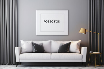 Luxury living room interior with white walls wooden floor comfortable sofa with pillows and table Mockup poster frame 
