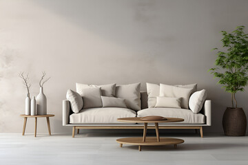 Luxury living room interior with white walls wooden floor comfortable sofa with pillows and table Mockup poster frame 
