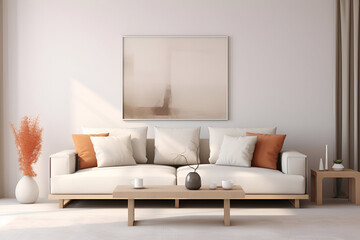 Luxury living room interior with white walls wooden floor comfortable sofa with pillows and table Mockup poster frame 
