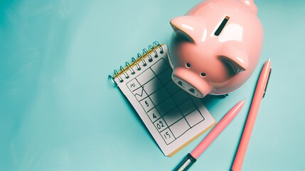 Financial Planning with Piggy Bank Checklist on Pastel Cyan Background