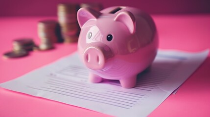 Financial Planning for Retirement - Piggy Bank with Document on Pastel Plum Background