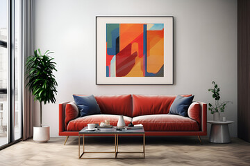 Luxury living room interior with white walls wooden floor comfortable sofa with pillows and table Mockup poster frame 
