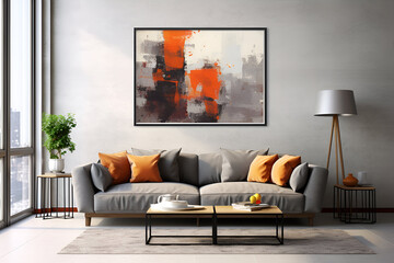 Luxury living room interior with white walls wooden floor comfortable sofa with pillows and table Mockup poster frame 
