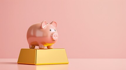 Wealth Accumulation Concept - Piggy Bank with Gold Bar on Pastel Honey Background