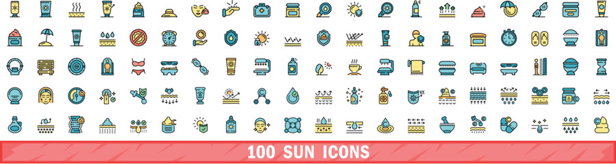100 sun icons set. Color line set of sun vector icons thin line color flat on white