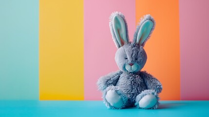 Funny toy grey bunny isolated on colorful background