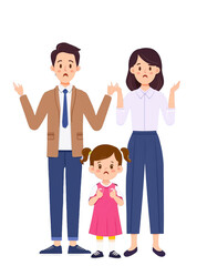 Fototapeta premium 小さい女の子を真ん中にして、家族3人がこちらを向いて立っている全身像、全員何かに困っている。