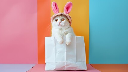 Funny white cat in a hat with bunny ears sits in large white paper bag isolated on colorful background