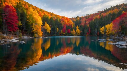 Fototapeta premium A picturesque lake surrounded by autumn foliage with vibrant reds, oranges, and yellows 