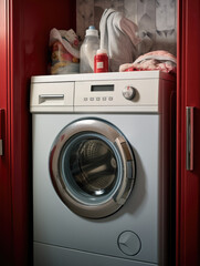 A white washer sitting inside a red cabinet, perfect for use in interior design or home decor imagery