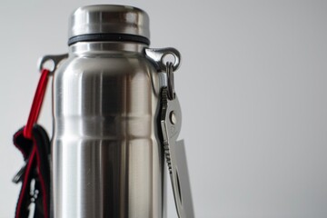 A macro shot of a trekker's stainless steel water bottle and a Swiss army knife. 