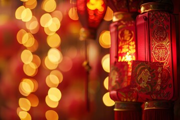 A stunning macro shot of ornamental lanterns and red envelopes, capturing the essence of Chinese New Year festivities. The vibrant colors and intricate designs evoke a sense of joy and celebration.