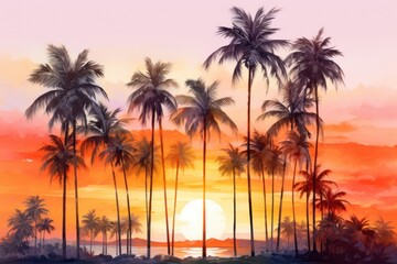 Obraz premium Painting of coconut trees landscape sunset nature.