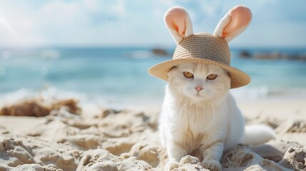 Funny white cat in a hat with bunny ears in a white at beach